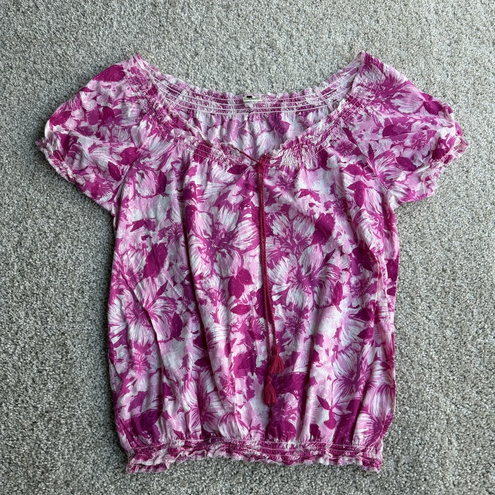 Y2K BocaBay Blouse Womens Medium Pink Floral Tassel Scoop Neck Peasant Top